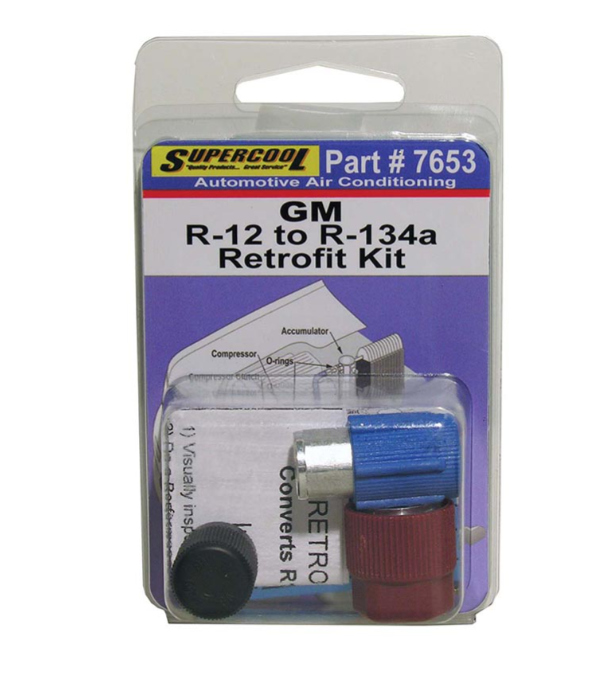 GM R12 to R134a Retrofit Kit
Includes high and low side R12 to R134a retrofit fittings, valve cores, mylar retrofit warning label, R12 block-off cap and instructions. Retrofits most GM vehicles