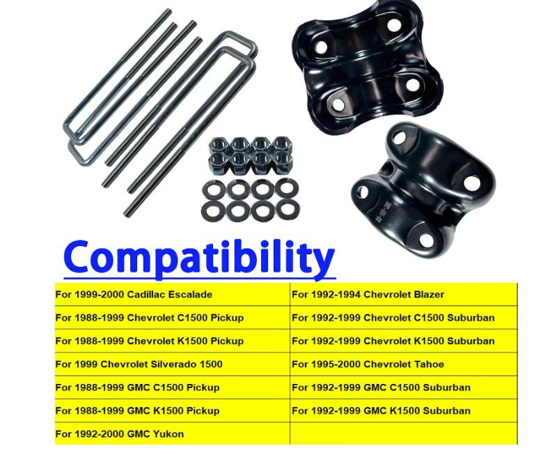 Spring U-bolt Plate & U bolts for Chevy GMC C/K Series
For 88-98 Chevy GMC Tahoe Yukon C1500 K1500 Suburban Tahoe Rear Suspension Axle Leaf Spring U-Bolt 2.5" Wide 8.75" Long BST BSSP